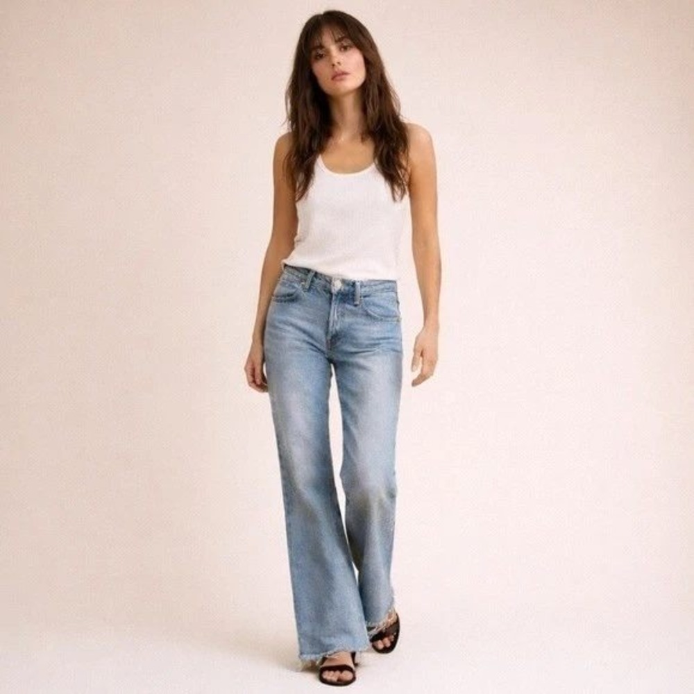 Etica Sasha Modern Flare Jeans Women 29 Blue Distressed Raw Hem Sustainable High